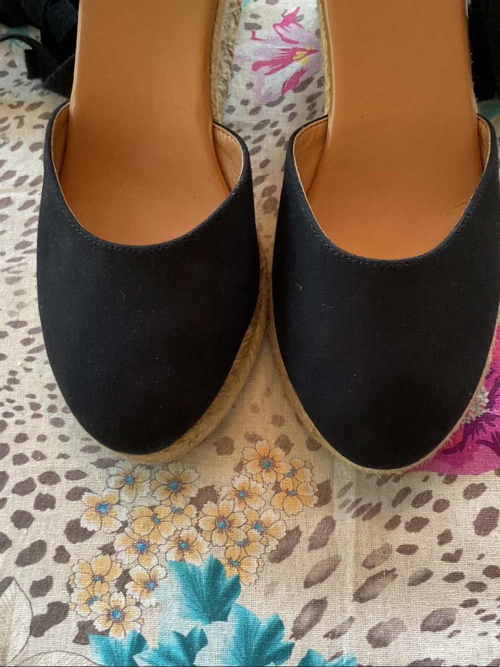 J. Crew Black Espadrille Wedges with Cream Braided Heel and Ankle Ties